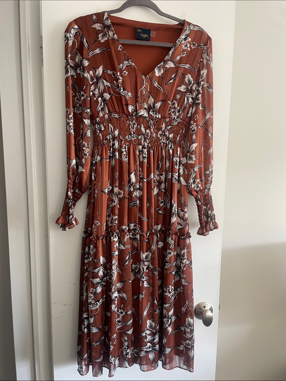 Rust Floral V-Neck Smocked Midi Dress